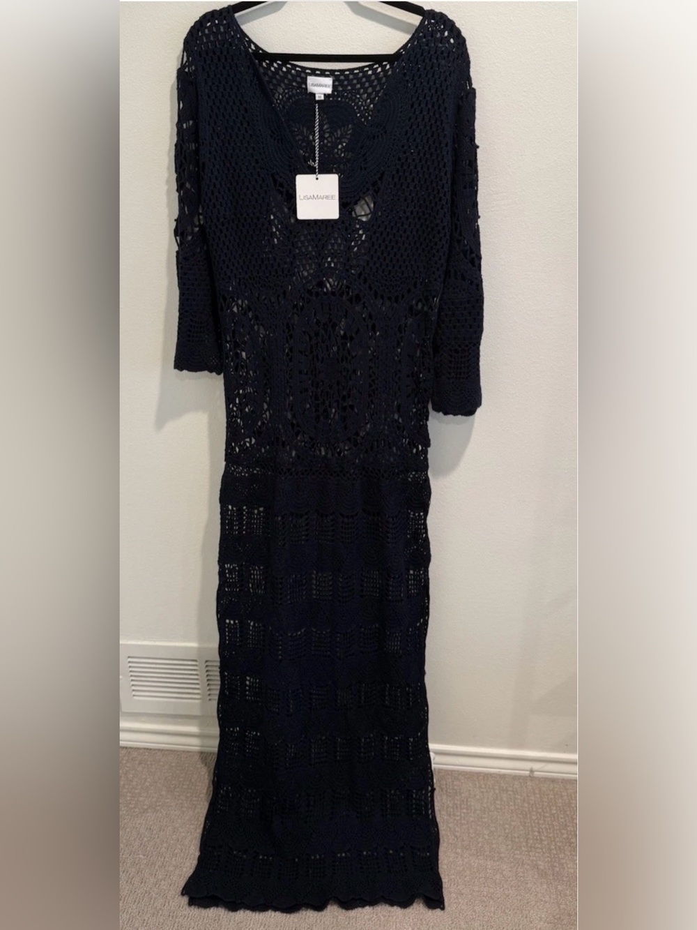 NWT Lisa Maree London Fiction Crochet Maxi Dress Swim Cover Up - Deep Navy (M)
